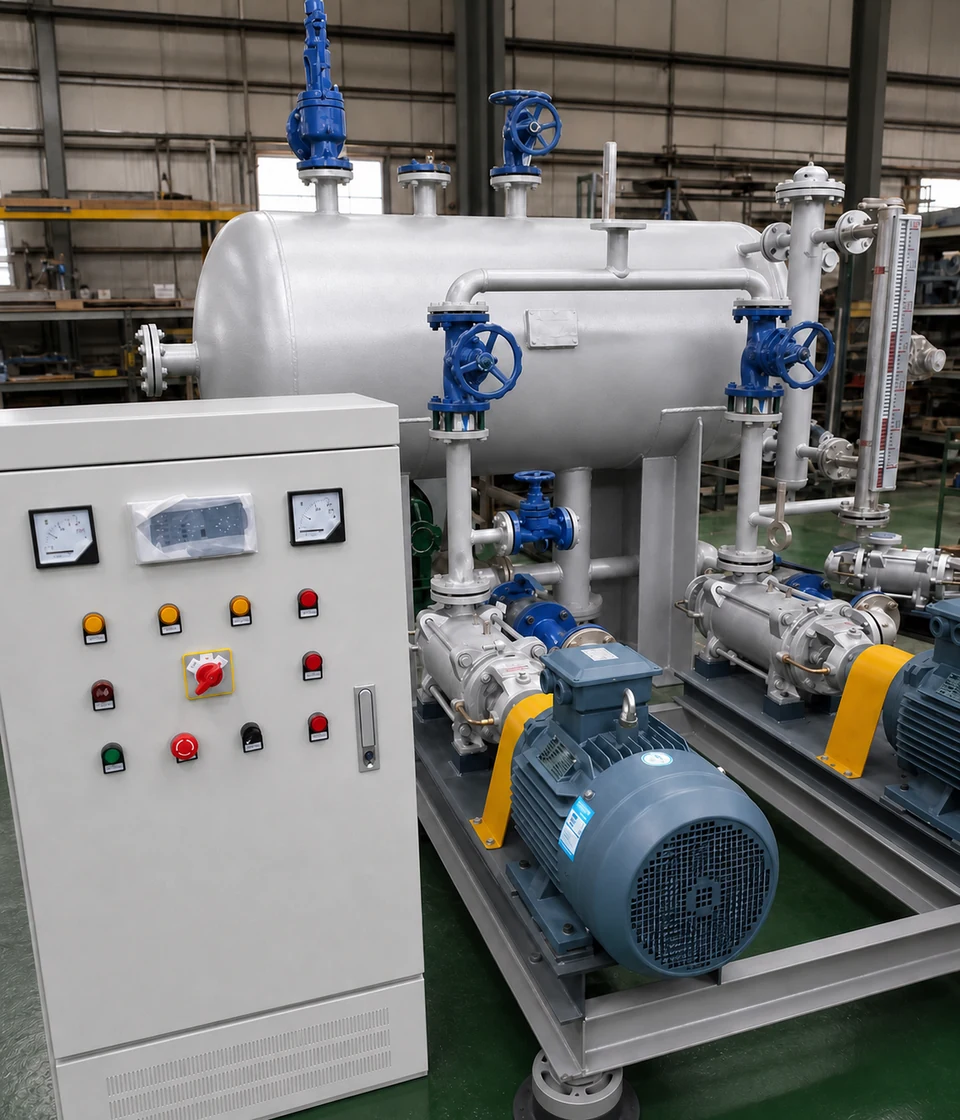 Sistema industrial de recuperación de condensado con depósito plateado, bombas gemelas y armario de control Sistema industrial de recuperación de condensado con depósito plateado, bombas gemelas y armario de control
