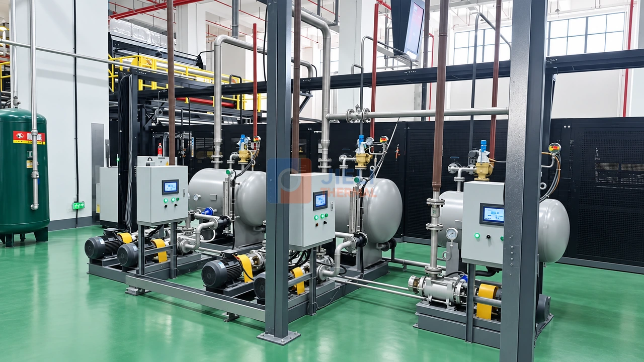 Three condensate recovery units with horizontal receiver tanks, pump sets and local control cabinets