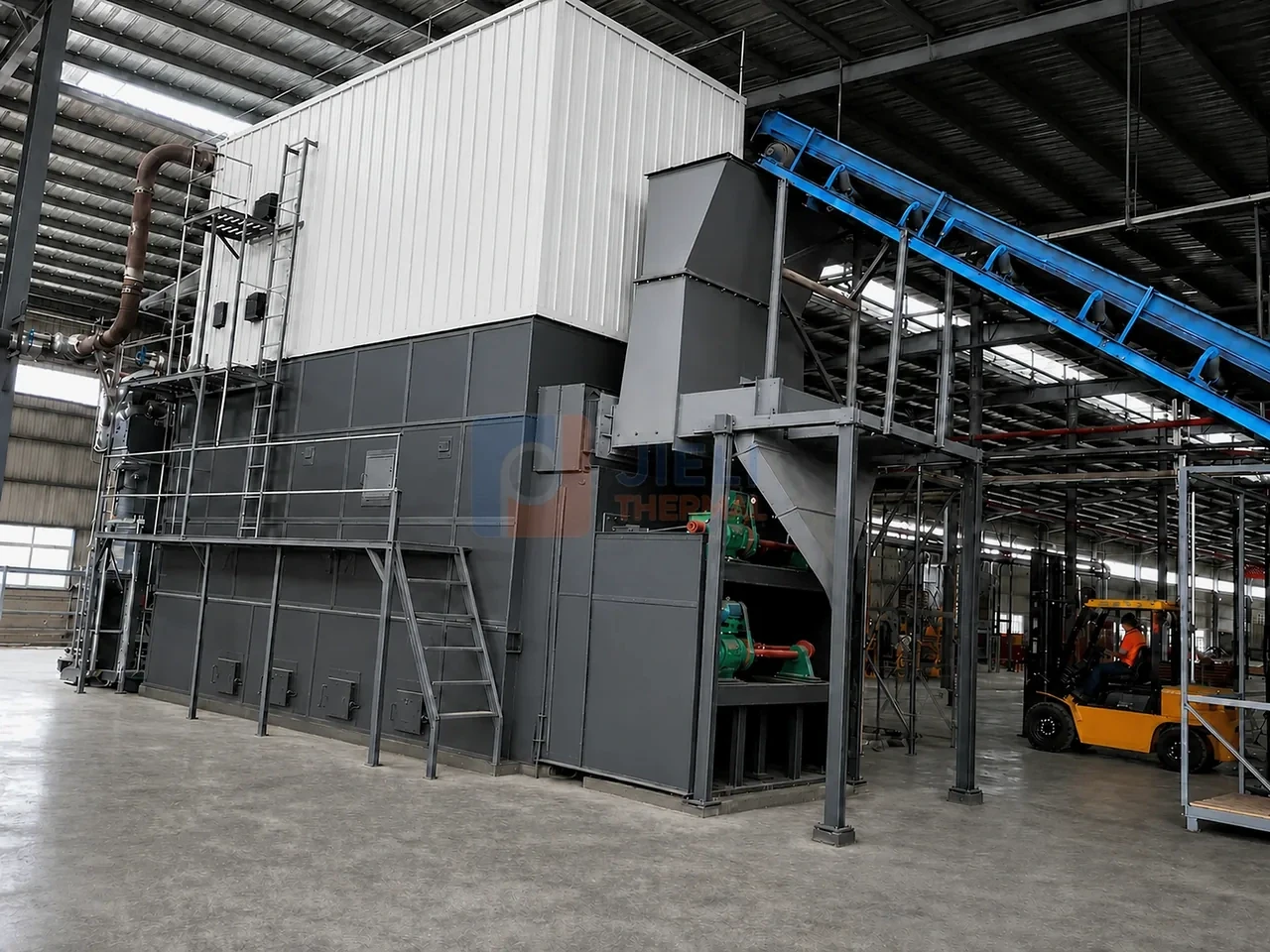 Complete biomass thermal oil heater package with chain grate and fuel conveying system