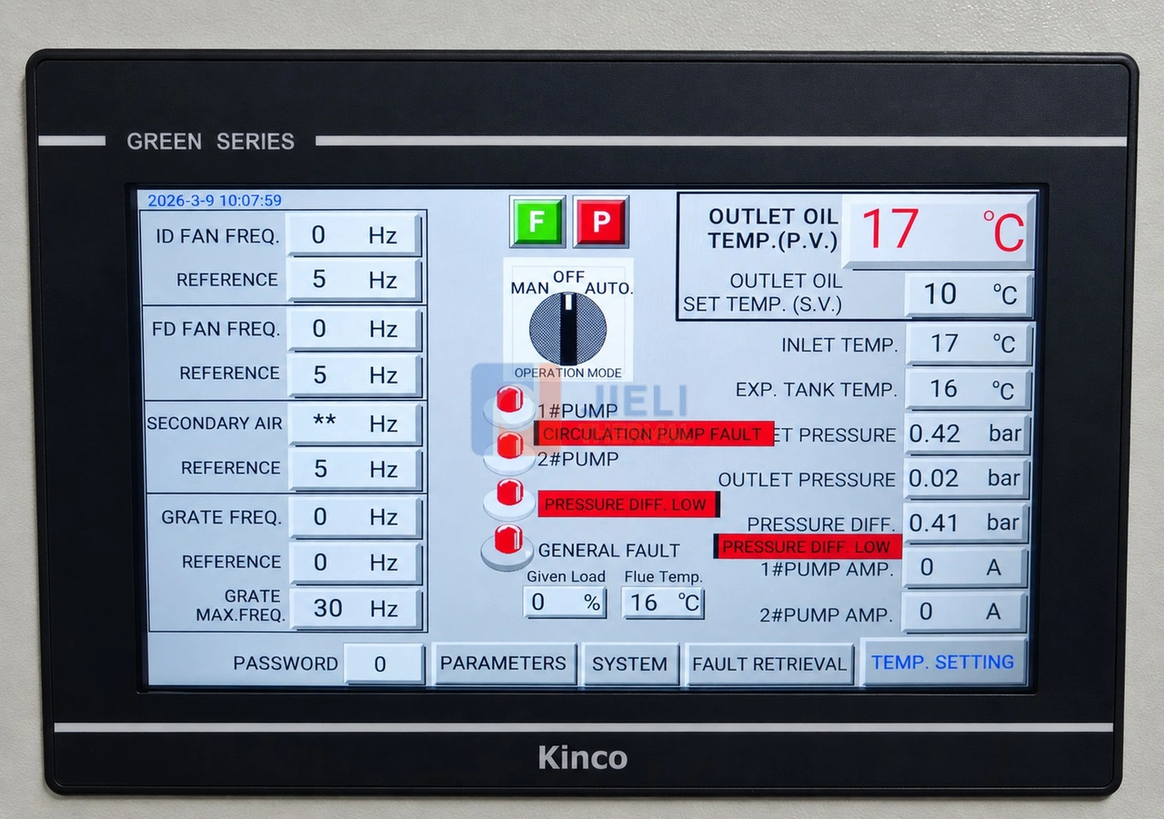 YLW250 2800 kW biomass thermal oil heater for Surabaya, Indonesia — control-panel reference — alarms visible YLW250 2800 kW biomass thermal oil heater for Surabaya, Indonesia — control-panel reference — alarms visible